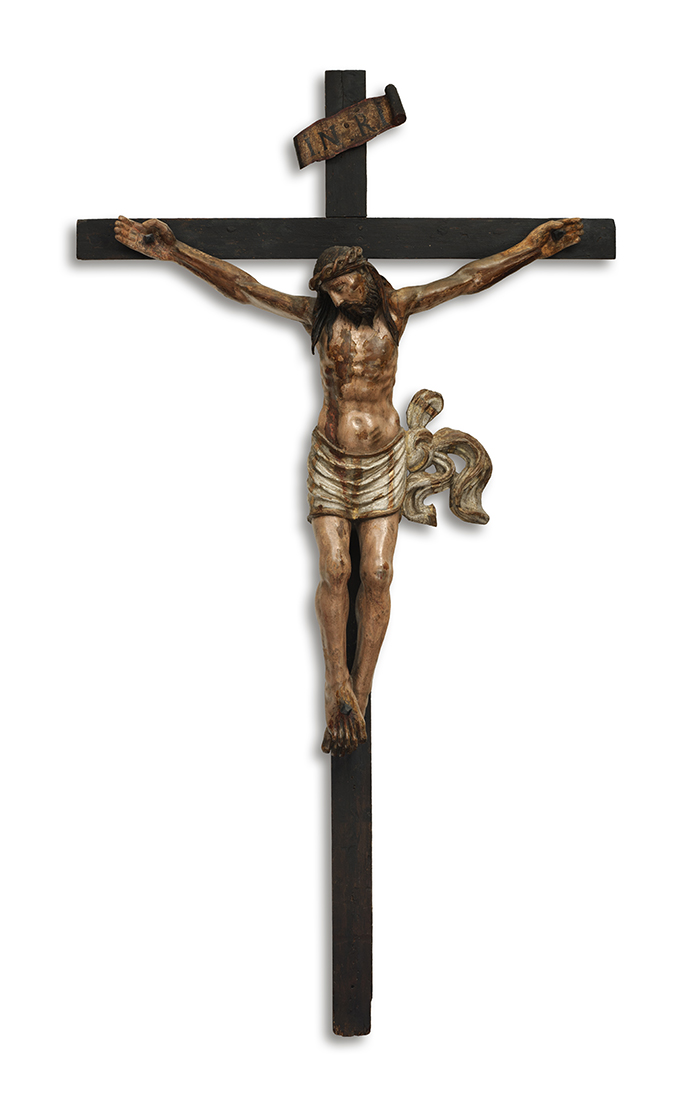 Christus am Kreuz, 16. Jahrhundert, unbekannter Meister, Masse Korpus: 88 x 78 cm, Masse Kreuz: 166 x 91 cm